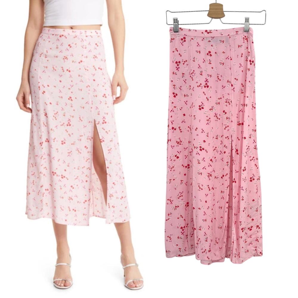 & Other Stories‎ Floral Skirt Midi Slip Side Slit Pink Flower Delfina Size US 0
